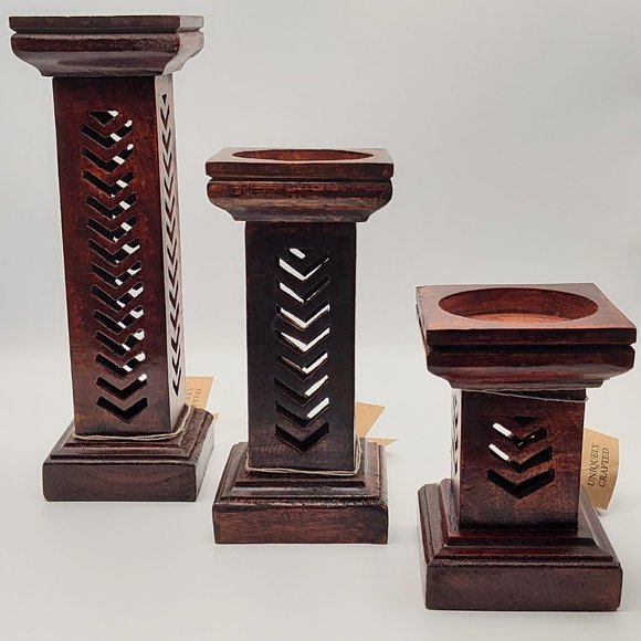 My Mela Mela Artisans Set of 3 Pillar Candle Holder Dark Wood Handmade Column - Picture 4 of 16